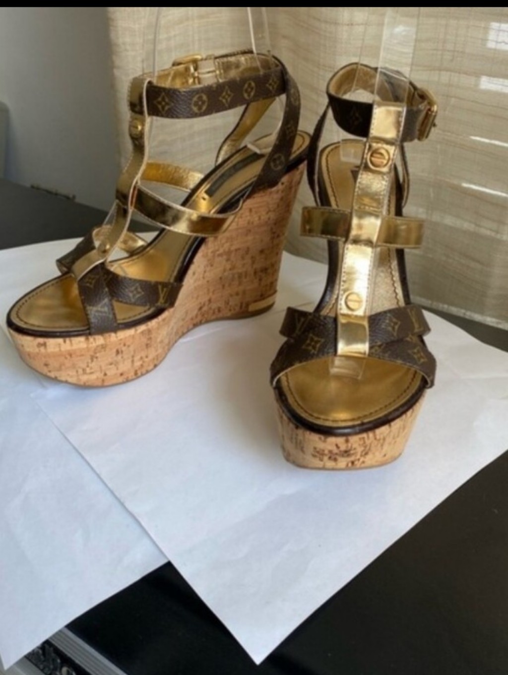Louis Vuitton Authentic Metallic Gold And Monogram Brown T-Strap Sandals
